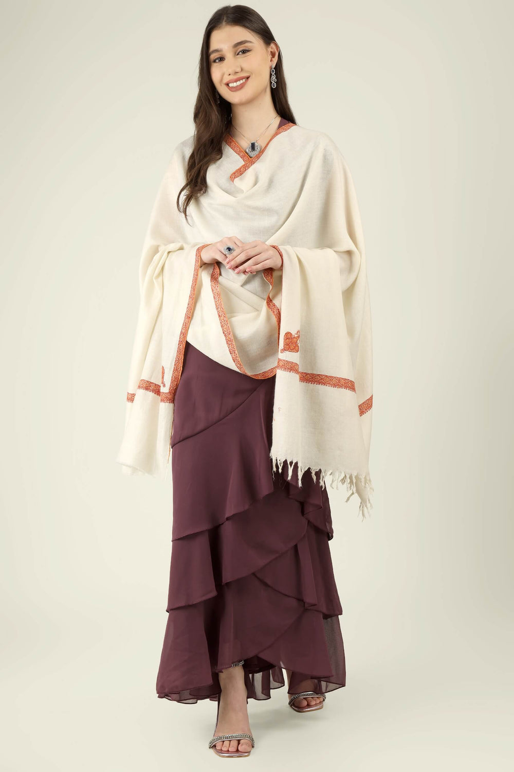Dalia white GI Pashmina Hashidaar embroidered shawl - view 2