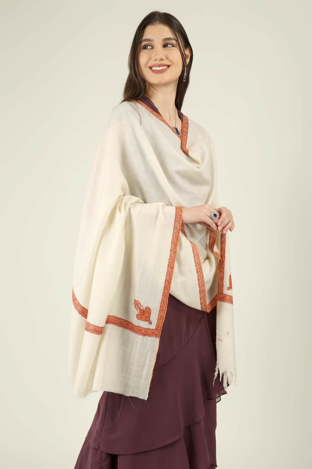 Dalia white GI Pashmina Hashidaar embroidered shawl - view 5
