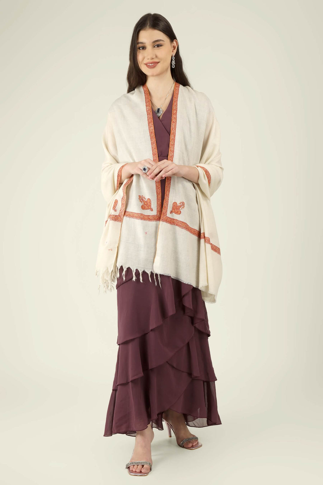 Dalia white GI Pashmina Hashidaar embroidered shawl - view 6