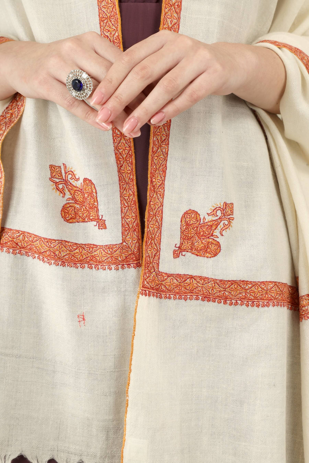 Dalia white GI Pashmina Hashidaar embroidered shawl - view 9