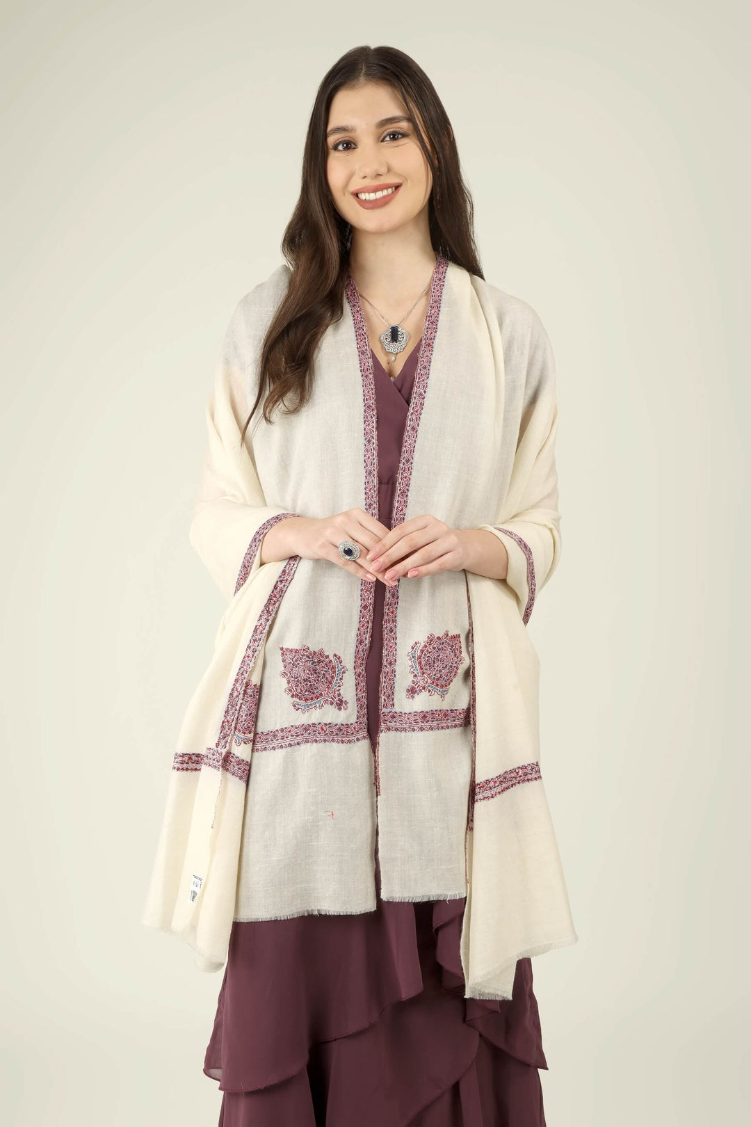 Eira white GI Pashmina Hashidaar embroidered shawl - view 2