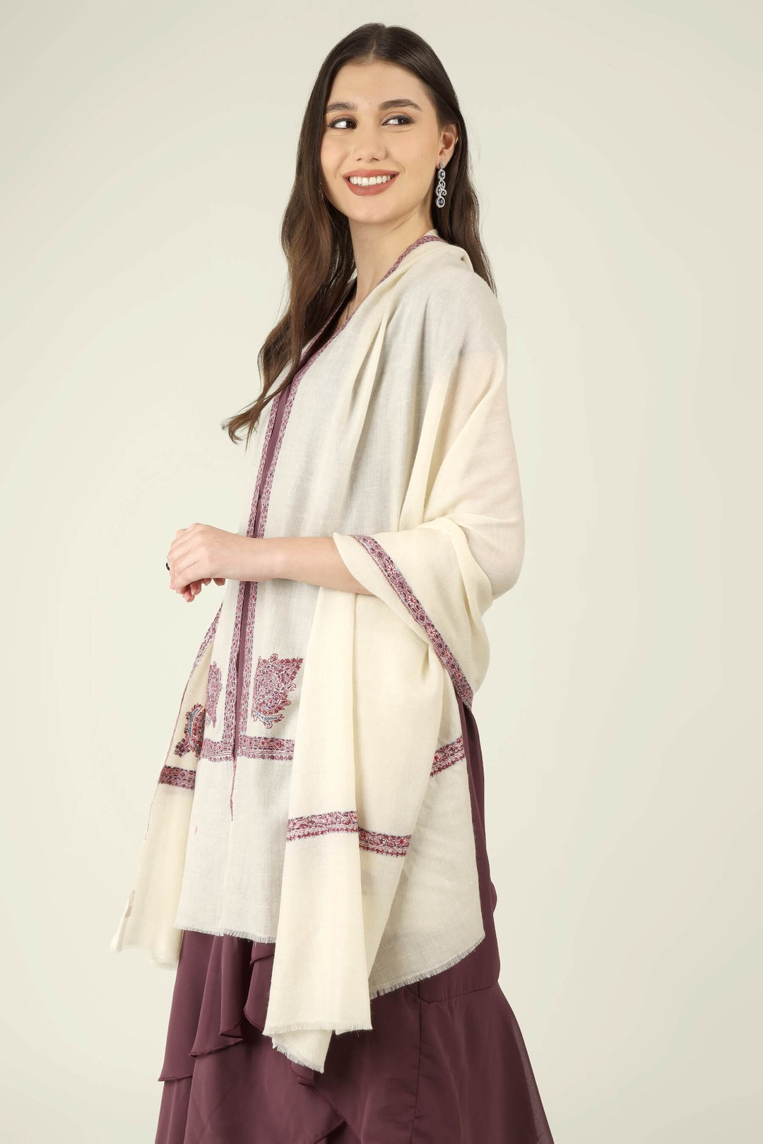 Eira white GI Pashmina Hashidaar embroidered shawl - view 3