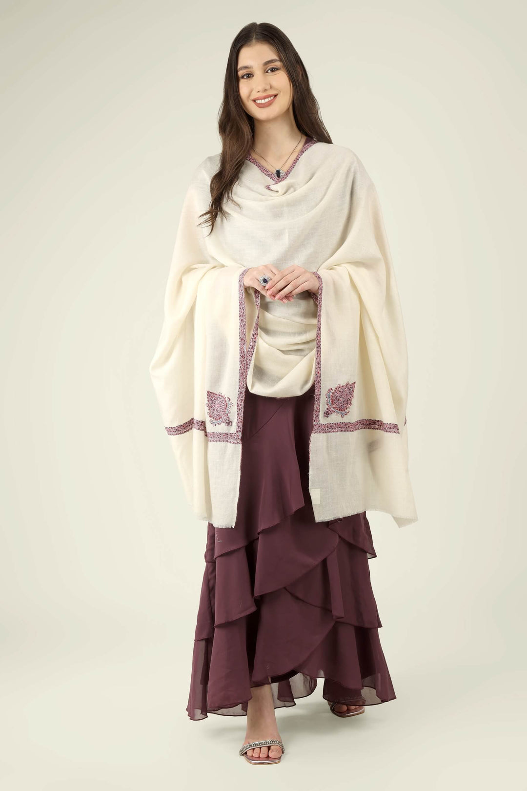 Eira white GI Pashmina Hashidaar embroidered shawl - view 6