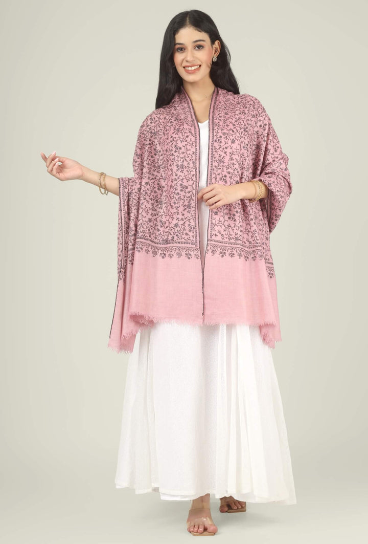 Model wearing a pink GI Kashmiri Pure Pashmina stole with all-over charcoal floral jaal Sozni embroidery over a white dress.
    
      | pashmina shawls online | authentic Kashmiri pashmina shawl online | pure pashmina shawl online | original GI certified pashmina shawl online | luxury men's pashmina shawl online from Kashmir | where to buy online pure pashmina in India
    
    | GI Tag Certified - Government-verified authentic Kashmiri Pashmina
    | G20 Official Partner - Selected by India for G20 Summit gifting
    | Handicraft Registered - Official recognition of traditional craftsmanship
    | Certificate of Authenticity - Every purchase includes GI certification