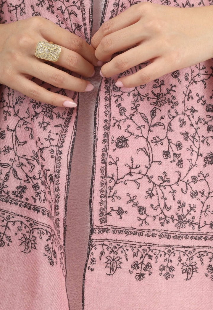 Model wearing a pink GI Kashmiri Pure Pashmina stole with all-over charcoal floral jaal Sozni embroidery over a white dress.
    
      | pashmina shawls online | authentic Kashmiri pashmina shawl online | pure pashmina shawl online | original GI certified pashmina shawl online | luxury men's pashmina shawl online from Kashmir | where to buy online pure pashmina in India
    
    | GI Tag Certified - Government-verified authentic Kashmiri Pashmina
    | G20 Official Partner - Selected by India for G20 Summit gifting
    | Handicraft Registered - Official recognition of traditional craftsmanship
    | Certificate of Authenticity - Every purchase includes GI certification