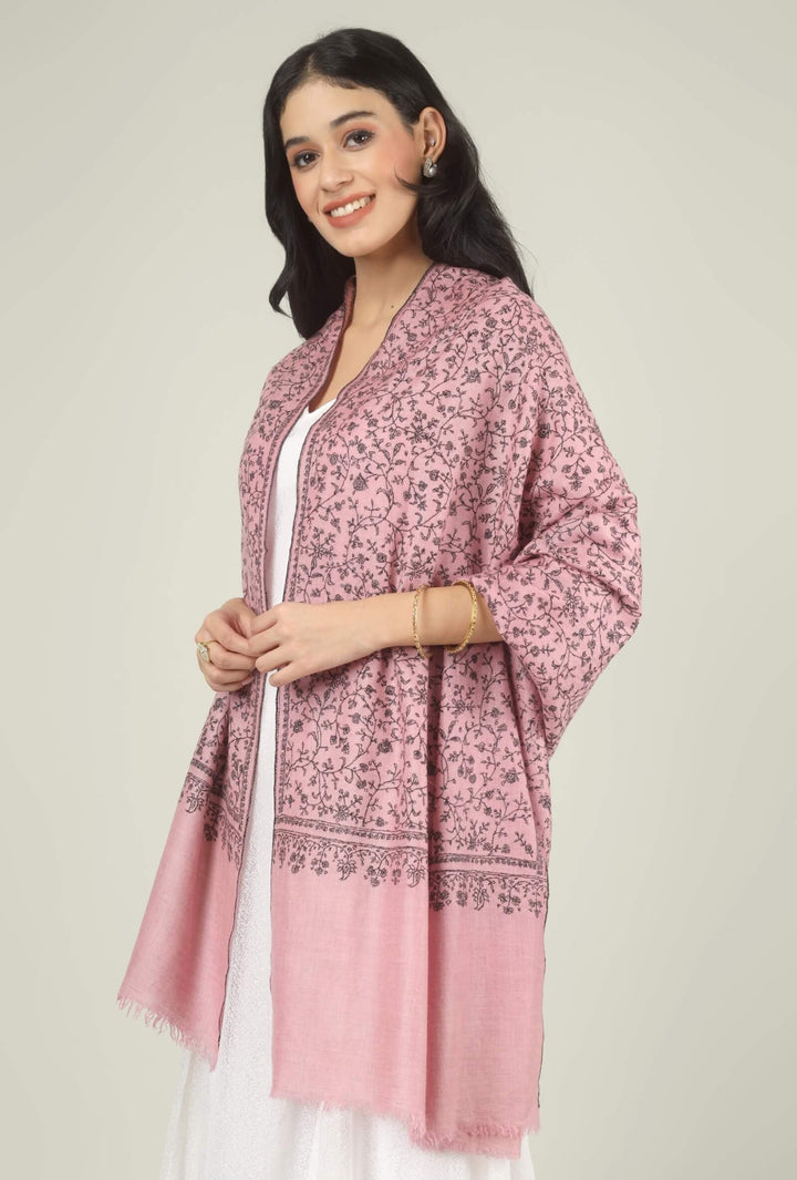 Model wearing a pink GI Kashmiri Pure Pashmina stole with all-over charcoal floral jaal Sozni embroidery over a white dress.
    
      | pashmina shawls online | authentic Kashmiri pashmina shawl online | pure pashmina shawl online | original GI certified pashmina shawl online | luxury men's pashmina shawl online from Kashmir | where to buy online pure pashmina in India
    
    | GI Tag Certified - Government-verified authentic Kashmiri Pashmina
    | G20 Official Partner - Selected by India for G20 Summit gifting
    | Handicraft Registered - Official recognition of traditional craftsmanship
    | Certificate of Authenticity - Every purchase includes GI certification