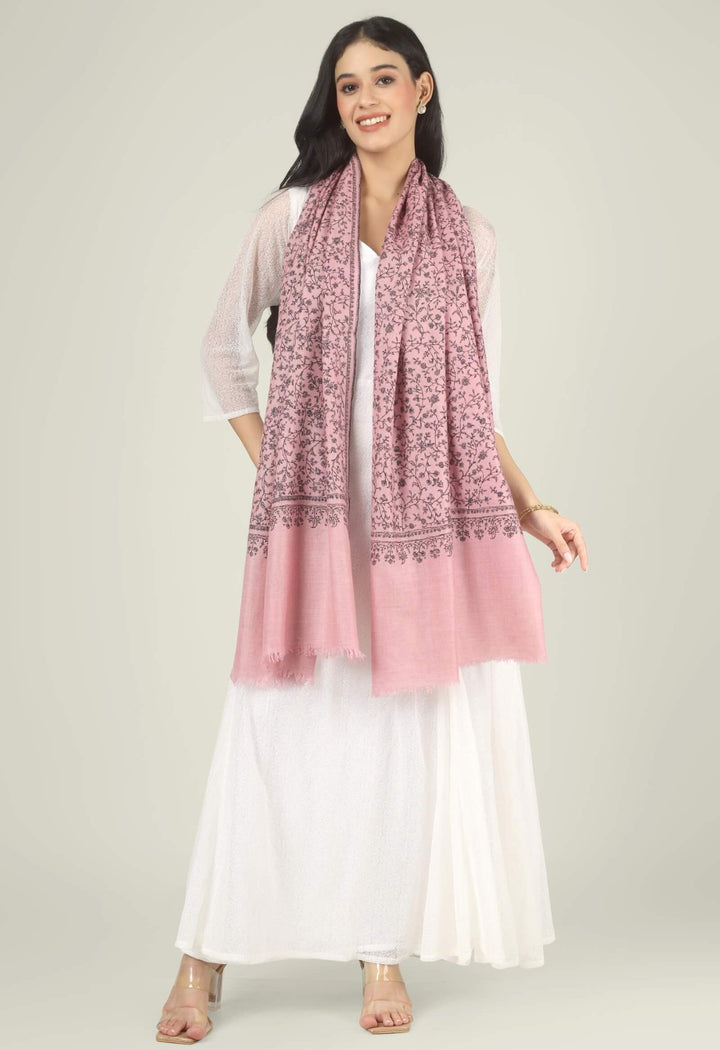 Model wearing a pink GI Kashmiri Pure Pashmina stole with all-over charcoal floral jaal Sozni embroidery over a white dress.
    
      | pashmina shawls online | authentic Kashmiri pashmina shawl online | pure pashmina shawl online | original GI certified pashmina shawl online | luxury men's pashmina shawl online from Kashmir | where to buy online pure pashmina in India
    
    | GI Tag Certified - Government-verified authentic Kashmiri Pashmina
    | G20 Official Partner - Selected by India for G20 Summit gifting
    | Handicraft Registered - Official recognition of traditional craftsmanship
    | Certificate of Authenticity - Every purchase includes GI certification