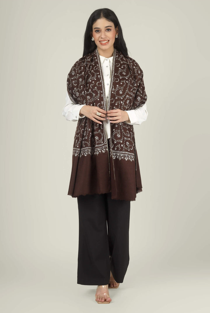 Close-up of a brown GI Kashmiri Pure Pashmina stole with ivory floral jaal and paisley Sozni embroidery worn open over a white shirt.
    
      | pashmina shawls online | authentic Kashmiri pashmina shawl online | pure pashmina shawl online | original GI certified pashmina shawl online | luxury men's pashmina shawl online from Kashmir | where to buy online pure pashmina in India
    
    | GI Tag Certified - Government-verified authentic Kashmiri Pashmina
    | G20 Official Partner - Selected by India for G20 Summit gifting
    | Handicraft Registered - Official recognition of traditional craftsmanship
    | Certificate of Authenticity - Every purchase includes GI certification