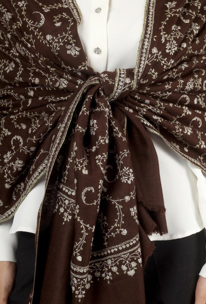 Close-up of a brown GI Kashmiri Pure Pashmina stole with ivory floral jaal and paisley Sozni embroidery worn open over a white shirt.
    
      | pashmina shawls online | authentic Kashmiri pashmina shawl online | pure pashmina shawl online | original GI certified pashmina shawl online | luxury men's pashmina shawl online from Kashmir | where to buy online pure pashmina in India
    
    | GI Tag Certified - Government-verified authentic Kashmiri Pashmina
    | G20 Official Partner - Selected by India for G20 Summit gifting
    | Handicraft Registered - Official recognition of traditional craftsmanship
    | Certificate of Authenticity - Every purchase includes GI certification