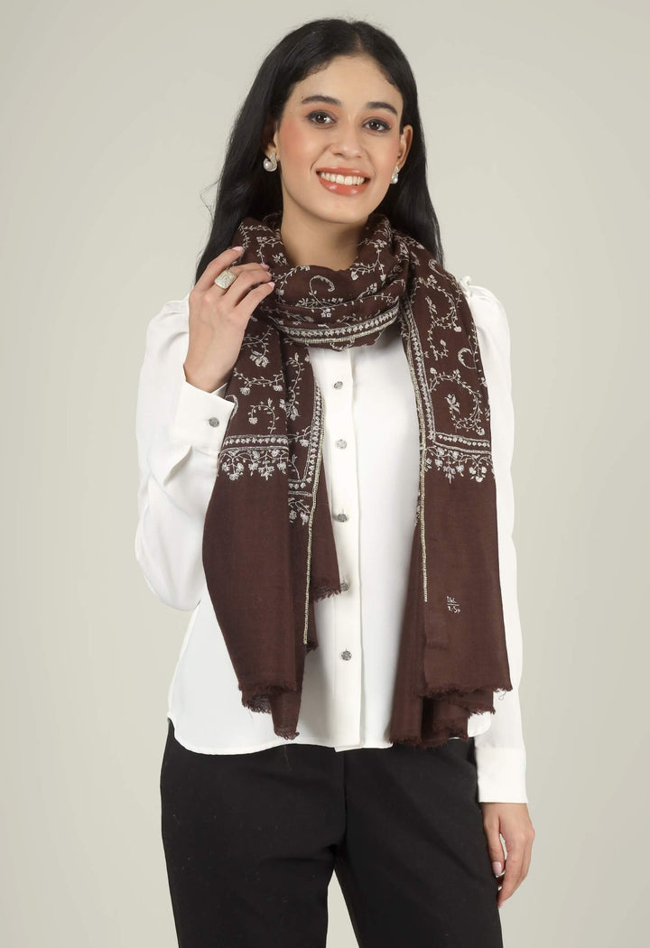 Close-up of a brown GI Kashmiri Pure Pashmina stole with ivory floral jaal and paisley Sozni embroidery worn open over a white shirt.
    
      | pashmina shawls online | authentic Kashmiri pashmina shawl online | pure pashmina shawl online | original GI certified pashmina shawl online | luxury men's pashmina shawl online from Kashmir | where to buy online pure pashmina in India
    
    | GI Tag Certified - Government-verified authentic Kashmiri Pashmina
    | G20 Official Partner - Selected by India for G20 Summit gifting
    | Handicraft Registered - Official recognition of traditional craftsmanship
    | Certificate of Authenticity - Every purchase includes GI certification