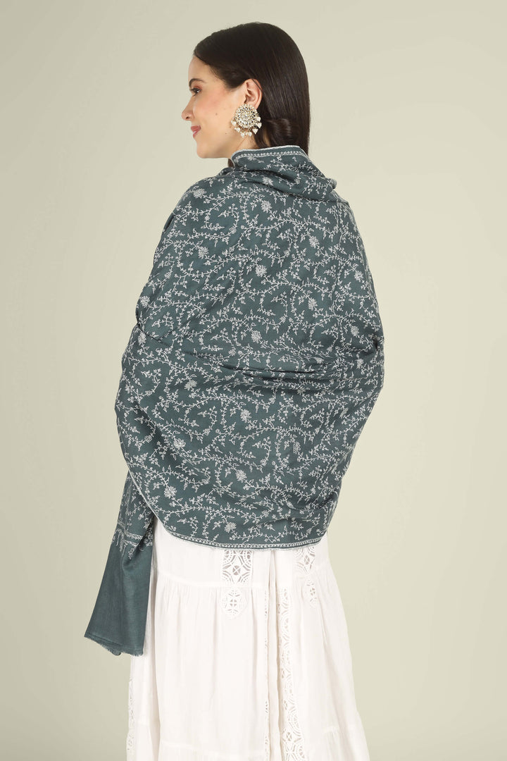 This Charcoal GI Kashmiri Pure Pashmina Javeria Jaldaar Shawl features a deep charcoal-grey base overlaid with a soft beige jaldaar sozni pattern, where fine creepers and flowers form a light mesh across the upper field and flow into a scalloped floral border.
    
      | pashmina shawls online | authentic Kashmiri pashmina shawl online | pure pashmina shawl online | original GI certified pashmina shawl online | luxury men's pashmina shawl online from Kashmir | where to buy online pure pashmina in India
    
    | GI Tag Certified - Government-verified authentic Kashmiri Pashmina
    | G20 Official Partner - Selected by India for G20 Summit gifting
    | Handicraft Registered - Official recognition of traditional craftsmanship
    | Certificate of Authenticity - Every purchase includes GI certification