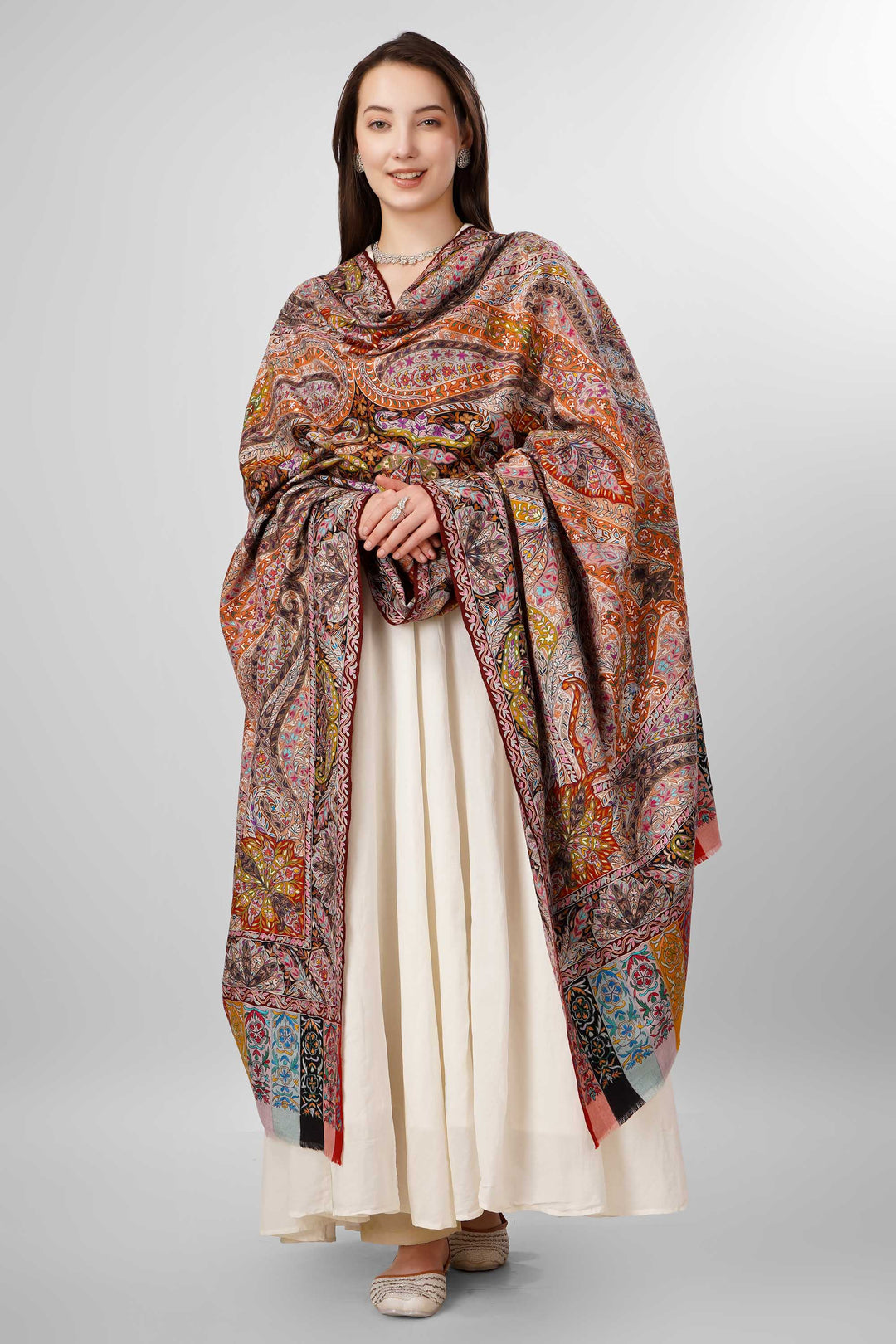 Kalamkari Pashmina Shawls Online – Royal Mariam-uz-Zamani Heritage
 The Pashmina Kalamkari Mariam-uz-Zamani Shawl is a splendid tribute to Kashmiri craftsmanship, blending authentic hand-painted and hand-embroidered kalamkari artistry on the finest pashmina wool
