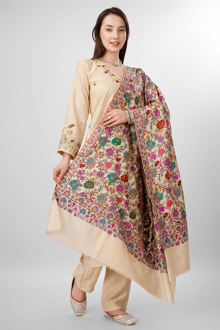 White Sozni Jama Pashmina Shawls Online – Artistry in Multicolor Floral Finesse
   The Pashmina White Sozni Malaika Ruqaiya Jama Shawl is a dazzling instance of Kashmiri handwoven royalty. Spun from premium pure pashmina, this shawl features a pristine ivory-white base enveloped in flamboyant allover sozni embroidery
    
      | pashmina shawls online | authentic Kashmiri pashmina shawl online | pure pashmina shawl online | original GI certified pashmina shawl online | luxury men's pashmina shawl online from Kashmir | where to buy online pure pashmina in India
    
    | GI Tag Certified - Government-verified authentic Kashmiri Pashmina
    | G20 Official Partner - Selected by India for G20 Summit gifting
    | Handicraft Registered - Official recognition of traditional craftsmanship
    | Certificate of Authenticity - Every purchase includes GI certification