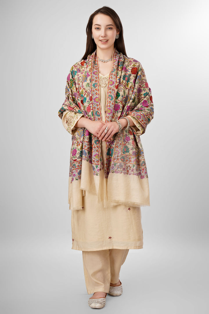 White Sozni Jama Pashmina Shawls Online – Artistry in Multicolor Floral Finesse
   The Pashmina White Sozni Malaika Ruqaiya Jama Shawl is a dazzling instance of Kashmiri handwoven royalty. Spun from premium pure pashmina, this shawl features a pristine ivory-white base enveloped in flamboyant allover sozni embroidery
    
      | pashmina shawls online | authentic Kashmiri pashmina shawl online | pure pashmina shawl online | original GI certified pashmina shawl online | luxury men's pashmina shawl online from Kashmir | where to buy online pure pashmina in India
    
    | GI Tag Certified - Government-verified authentic Kashmiri Pashmina
    | G20 Official Partner - Selected by India for G20 Summit gifting
    | Handicraft Registered - Official recognition of traditional craftsmanship
    | Certificate of Authenticity - Every purchase includes GI certification