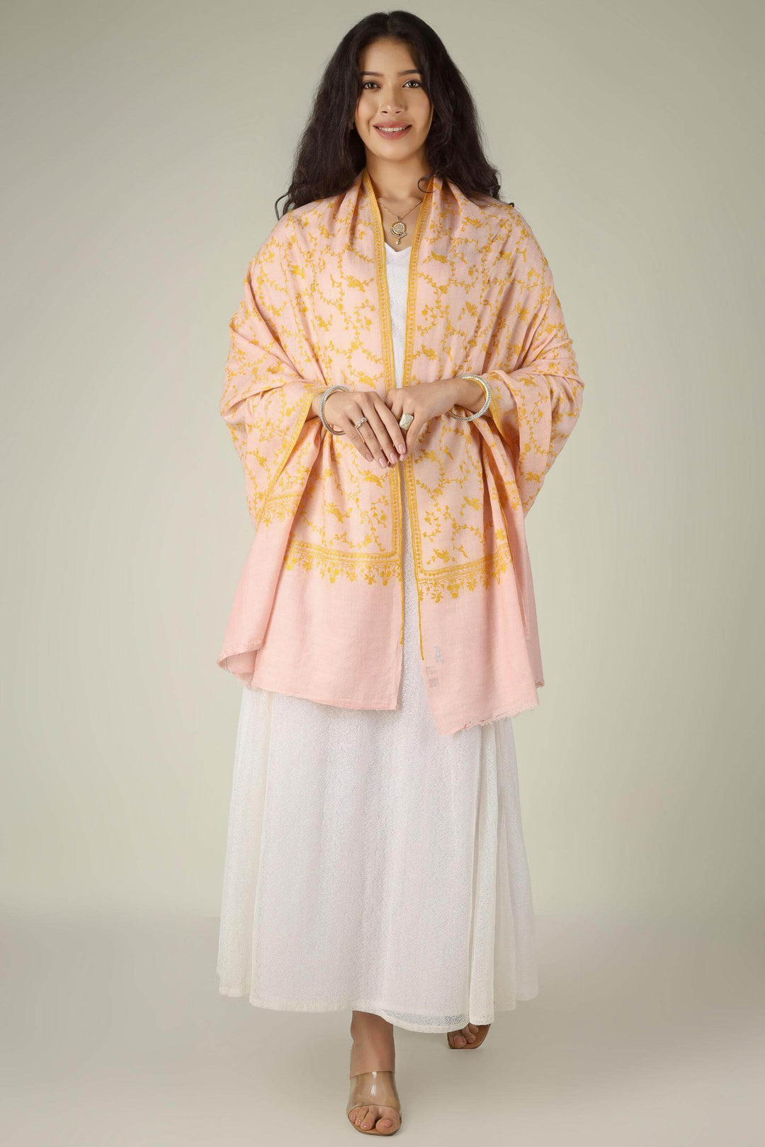  pastel pashmina shawls with golden embroidery online, this jaldaar piece blends traditional Kashmiri artistry with modern occasion wear style.