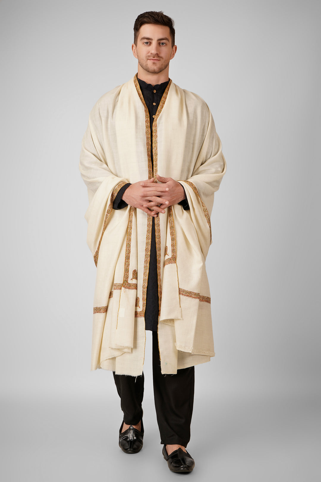 Pashmina White GI Tagged Hashidaar Men’s Shawl | Elegant Kashmiri Pashmina Wool Wrap | Luxurious Men’s Shawl for Timeless Style and Warmth