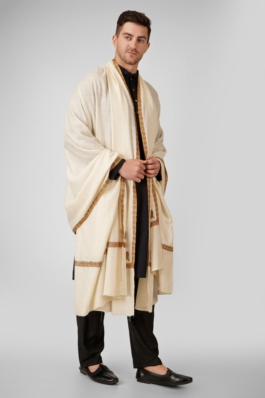 Pashmina White GI Tagged Hashidaar Men’s Shawl | Elegant Kashmiri Pashmina Wool Wrap | Luxurious Men’s Shawl for Timeless Style and Warmth