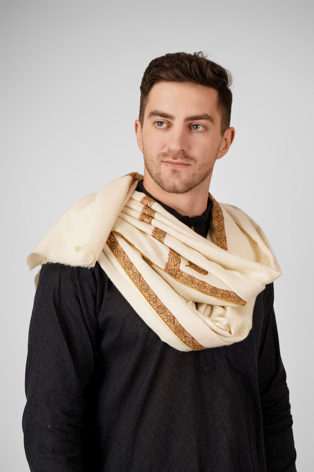 Pashmina White GI Tagged Hashidaar Men’s Shawl | Elegant Kashmiri Pashmina Wool Wrap | Luxurious Men’s Shawl for Timeless Style and Warmth