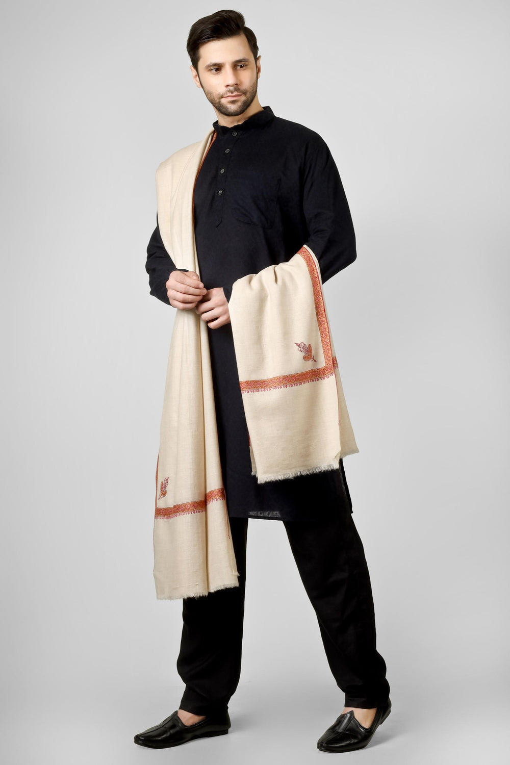Pashmina Shawl for Men online | White Hashidaar Design in Luxurious Kashmiri Wool