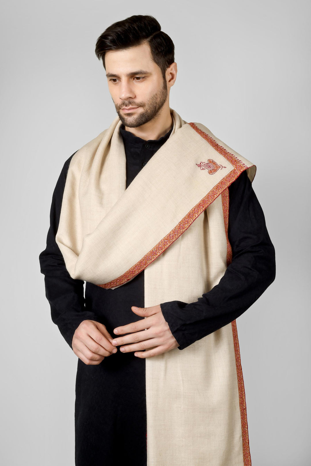 Pashmina Shawl for Men online | White Hashidaar Design in Luxurious Kashmiri Wool