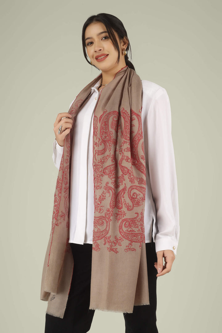 Hand-embroidered natural taupe pure Pashmina stole featuring oversized crimson-red Sozni paisley (Buta) motifs on the end panels from Kepra.
    
      | pashmina shawls online | authentic Kashmiri pashmina shawl online | pure pashmina shawl online | original GI certified pashmina shawl online | luxury men's pashmina shawl online from Kashmir | where to buy online pure pashmina in India
    
    | GI Tag Certified - Government-verified authentic Kashmiri Pashmina
    | G20 Official Partner - Selected by India for G20 Summit gifting
    | Handicraft Registered - Official recognition of traditional craftsmanship
    | Certificate of Authenticity - Every purchase includes GI certification