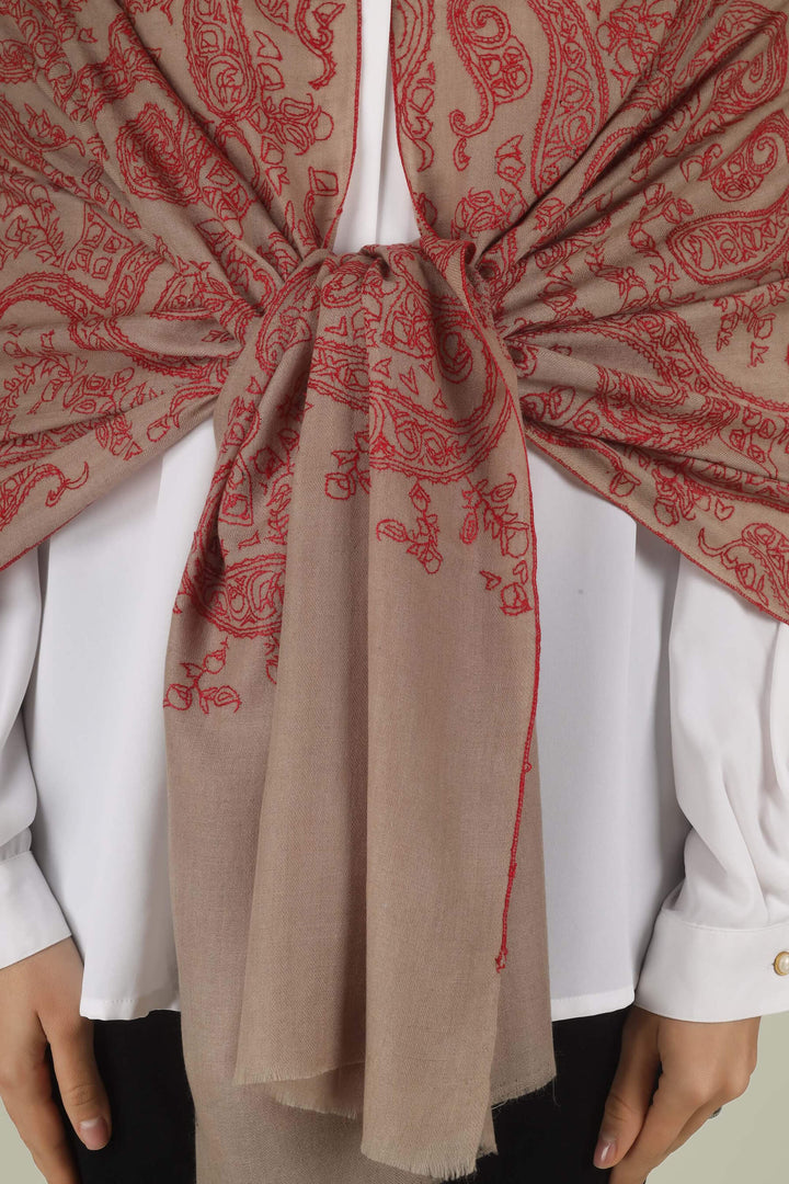 Hand-embroidered natural taupe pure Pashmina stole featuring oversized crimson-red Sozni paisley (Buta) motifs on the end panels from Kepra.
    
      | pashmina shawls online | authentic Kashmiri pashmina shawl online | pure pashmina shawl online | original GI certified pashmina shawl online | luxury men's pashmina shawl online from Kashmir | where to buy online pure pashmina in India
    
    | GI Tag Certified - Government-verified authentic Kashmiri Pashmina
    | G20 Official Partner - Selected by India for G20 Summit gifting
    | Handicraft Registered - Official recognition of traditional craftsmanship
    | Certificate of Authenticity - Every purchase includes GI certification