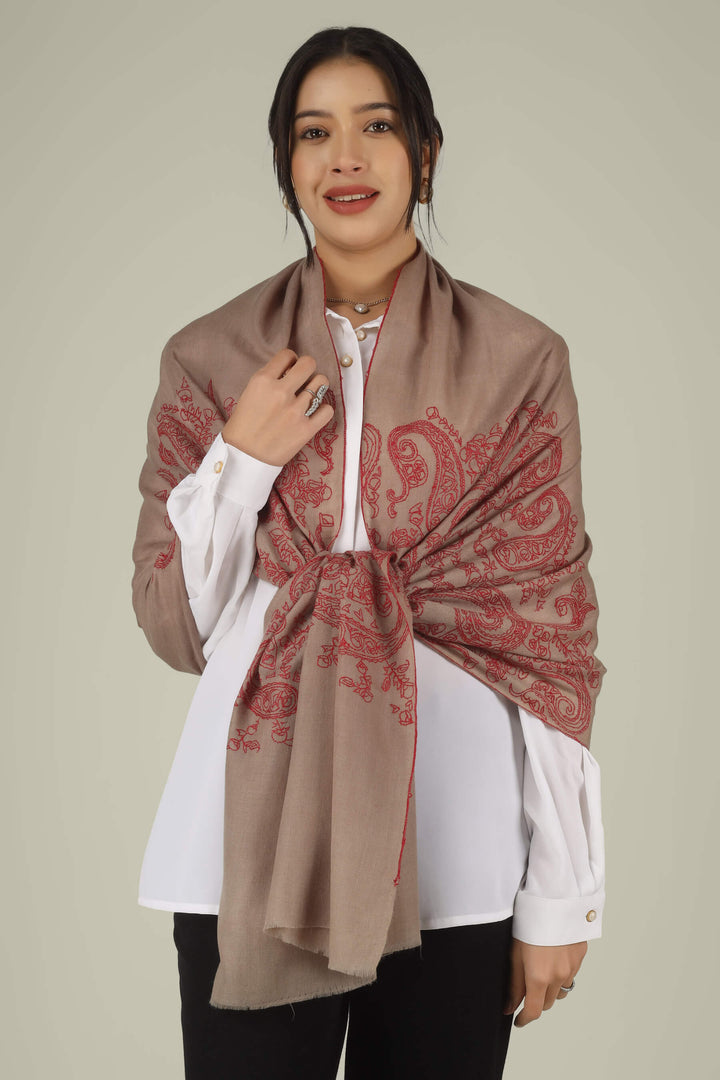 Hand-embroidered natural taupe pure Pashmina stole featuring oversized crimson-red Sozni paisley (Buta) motifs on the end panels from Kepra.
    
      | pashmina shawls online | authentic Kashmiri pashmina shawl online | pure pashmina shawl online | original GI certified pashmina shawl online | luxury men's pashmina shawl online from Kashmir | where to buy online pure pashmina in India
    
    | GI Tag Certified - Government-verified authentic Kashmiri Pashmina
    | G20 Official Partner - Selected by India for G20 Summit gifting
    | Handicraft Registered - Official recognition of traditional craftsmanship
    | Certificate of Authenticity - Every purchase includes GI certification