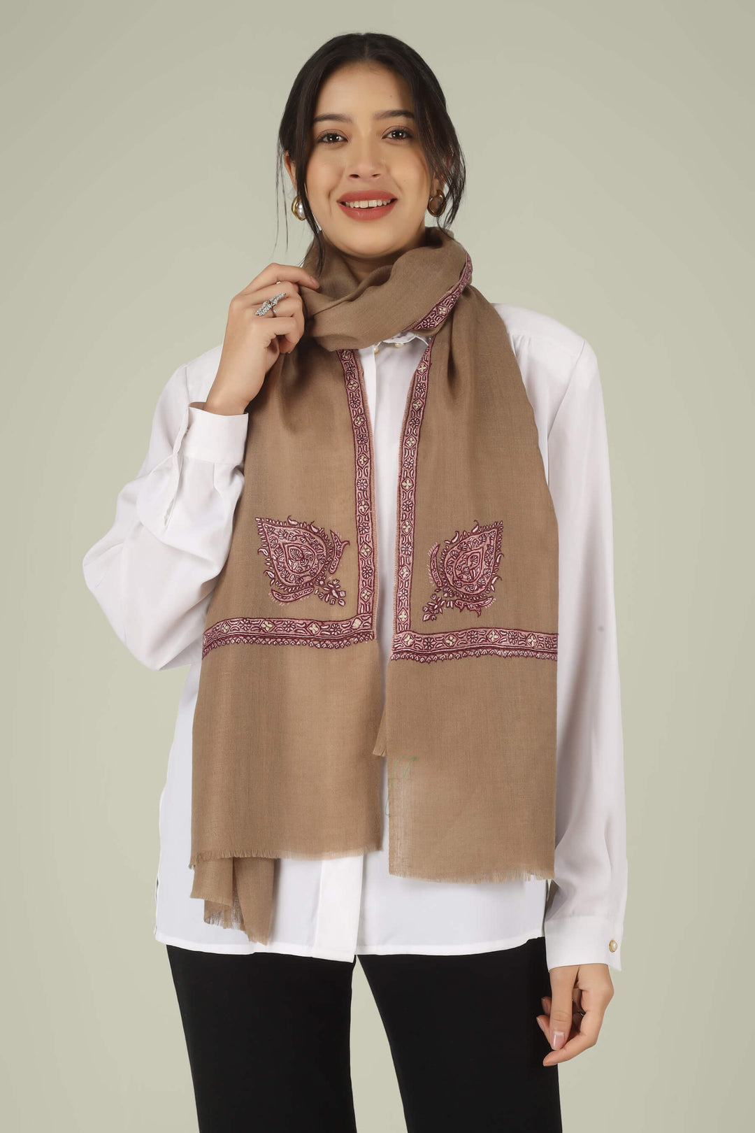 Hand-embroidered natural taupe pure Pashmina stole featuring maroon and ivory Sozni corner paisley (Buta) motifs and a delicate Hashidaar border from Kepra.