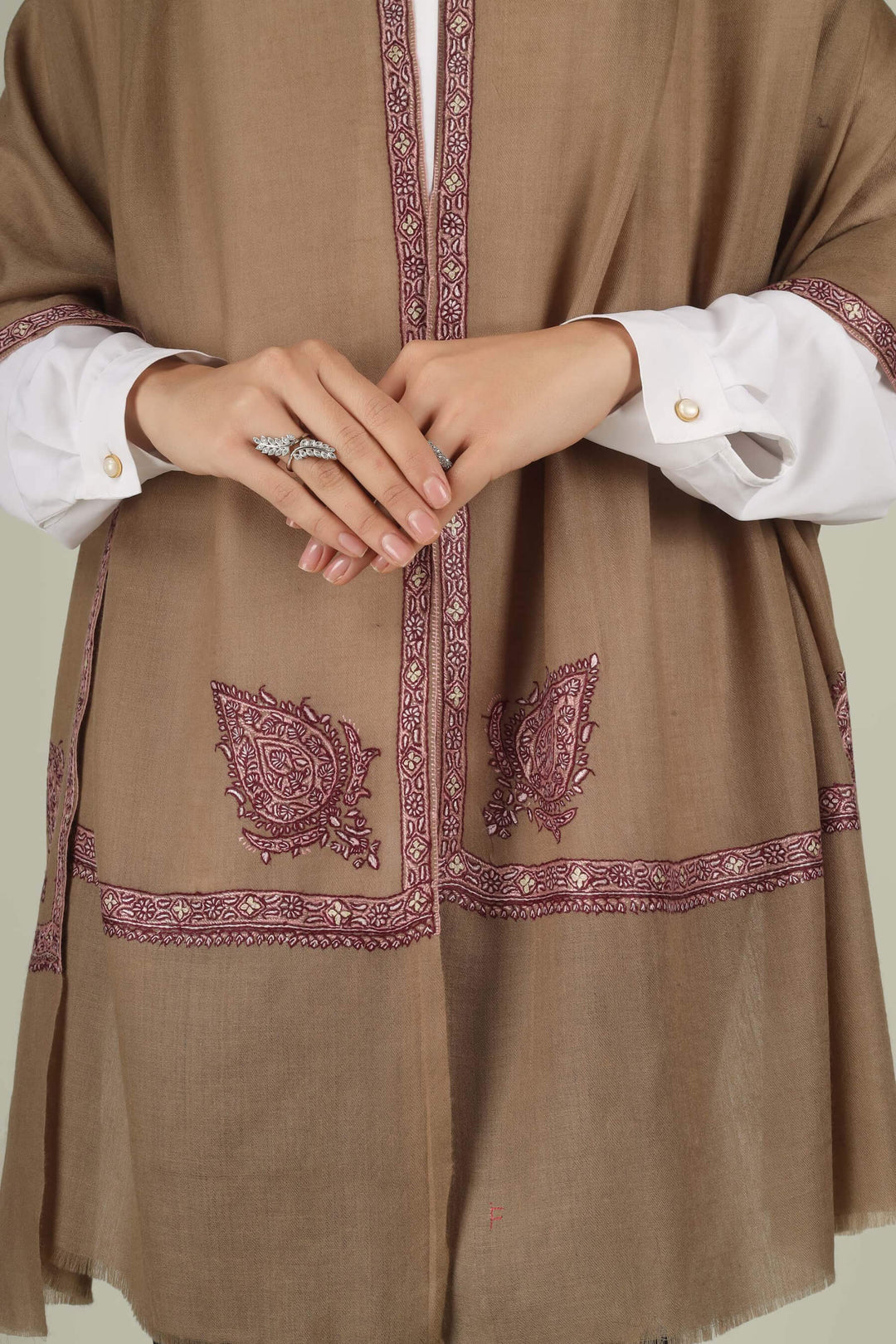 Hand-embroidered natural taupe pure Pashmina stole featuring maroon and ivory Sozni corner paisley (Buta) motifs and a delicate Hashidaar border from Kepra.