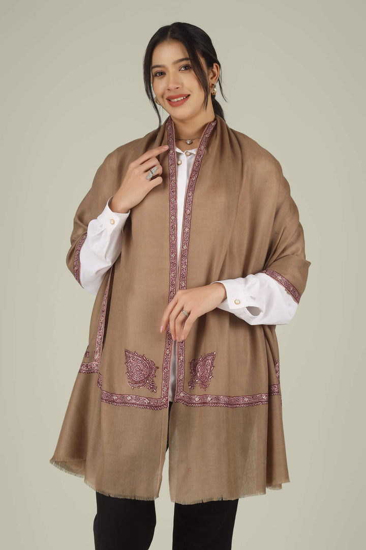 Hand-embroidered natural taupe pure Pashmina stole featuring maroon and ivory Sozni corner paisley (Buta) motifs and a delicate Hashidaar border from Kepra.
    
      | pashmina shawls online | authentic Kashmiri pashmina shawl online | pure pashmina shawl online | original GI certified pashmina shawl online | luxury men's pashmina shawl online from Kashmir | where to buy online pure pashmina in India
    
    | GI Tag Certified - Government-verified authentic Kashmiri Pashmina
    | G20 Official Partner - Selected by India for G20 Summit gifting
    | Handicraft Registered - Official recognition of traditional craftsmanship
    | Certificate of Authenticity - Every purchase includes GI certification