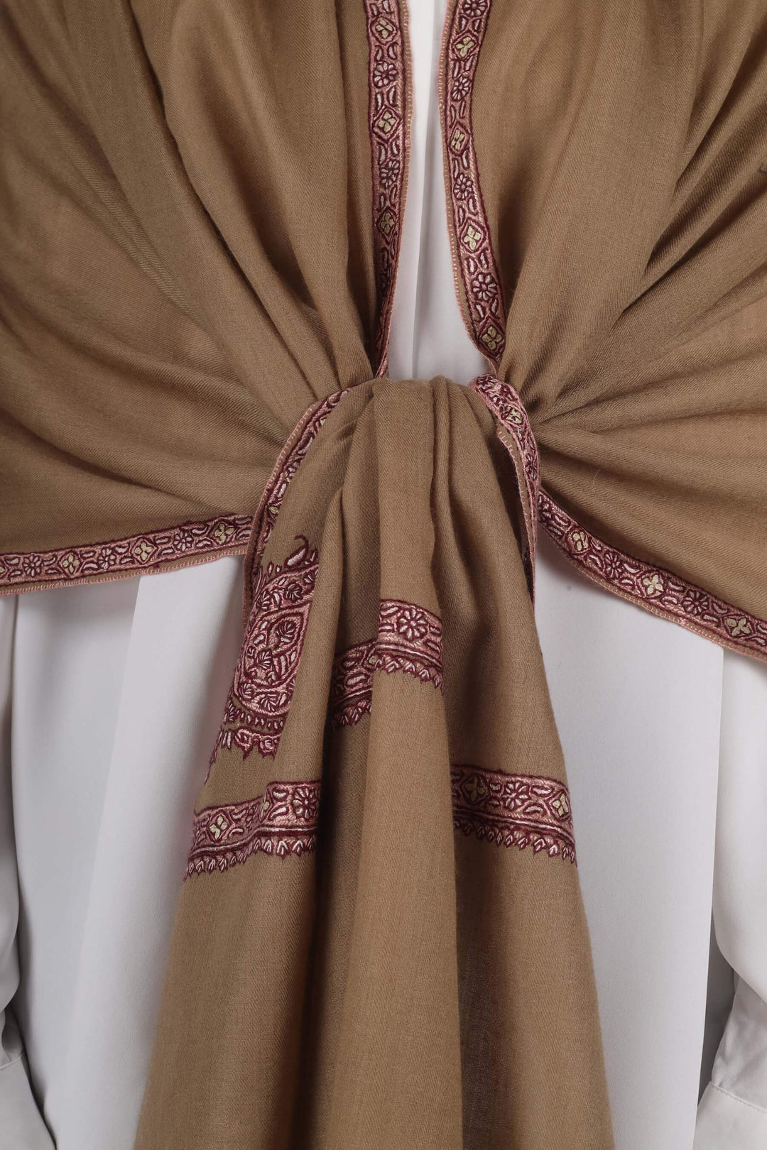 Hand-embroidered natural taupe pure Pashmina stole featuring maroon and ivory Sozni corner paisley (Buta) motifs and a delicate Hashidaar border from Kepra.