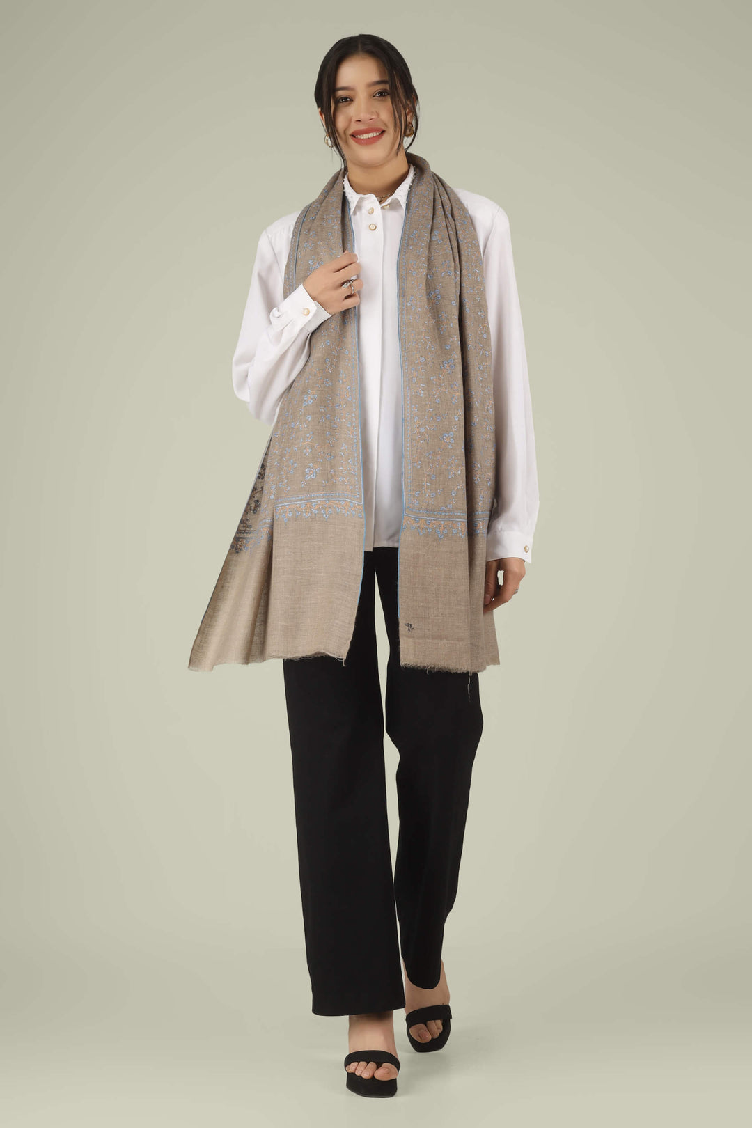 Hand-embroidered natural taupe pure Pashmina stole featuring an all-over sky-blue Sozni Jaldaar floral vine pattern from Kepra.