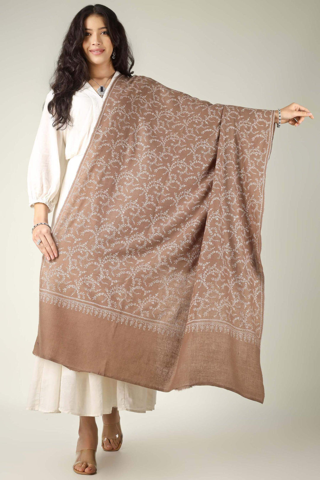 Exquisite Kepra Jamawar Pashmina shawl; antique-reproduction hand-needlework taking 24 months. The pinnacle of Kashmiri textile art by four generations of the Shah family legacy.