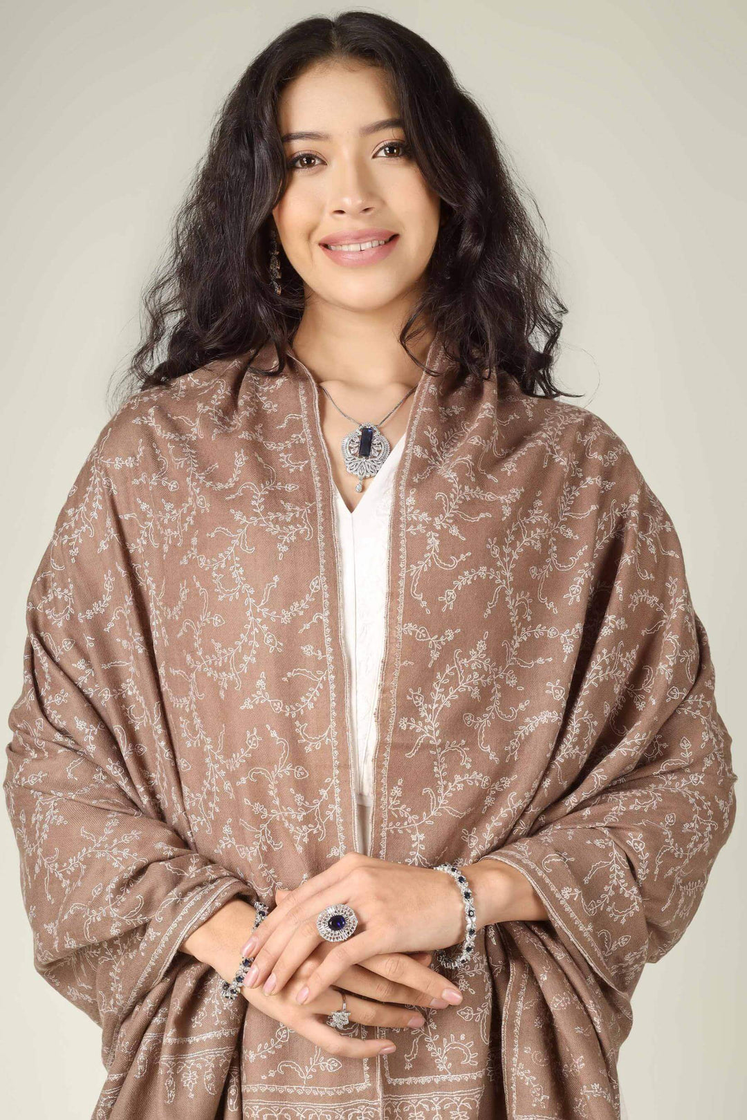 Exquisite Kepra Jamawar Pashmina shawl; antique-reproduction hand-needlework taking 24 months. The pinnacle of Kashmiri textile art by four generations of the Shah family legacy.