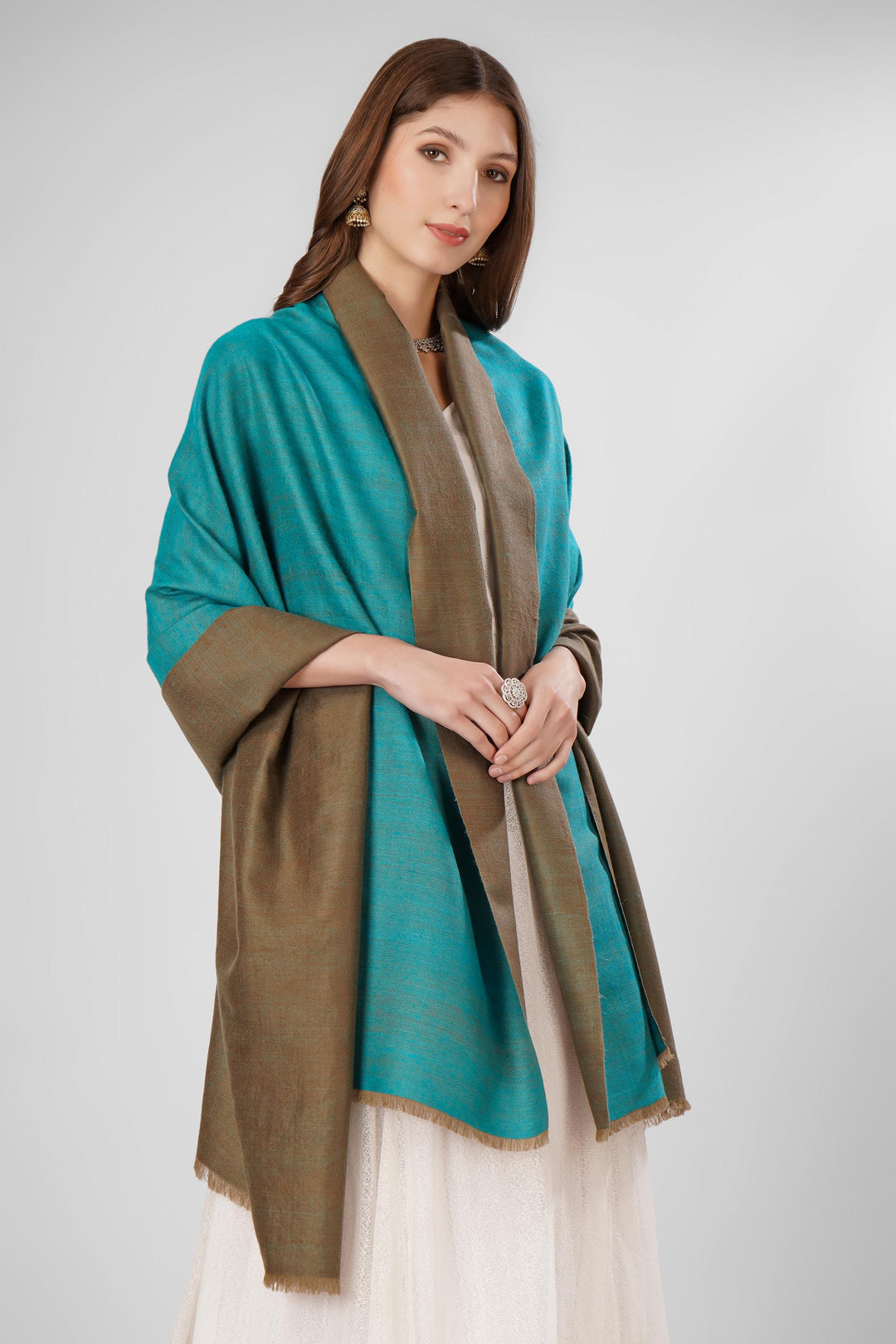 Pashmina Reversible Shawl | Teal & Taupe Handwoven Kashmiri Pashmina by Kepra | Luxurious GI-Certified Wrap for Timeless Elegance