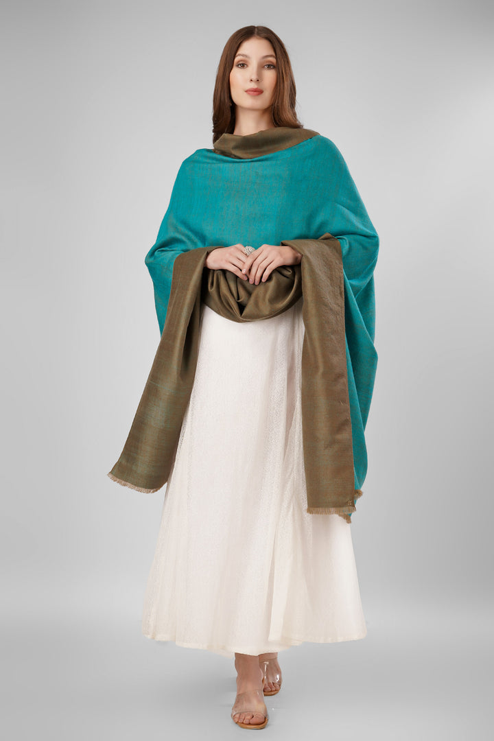 Pashmina Reversible Shawl | Teal & Taupe Handwoven Kashmiri Pashmina by Kepra | Luxurious GI-Certified Wrap for Timeless Elegance