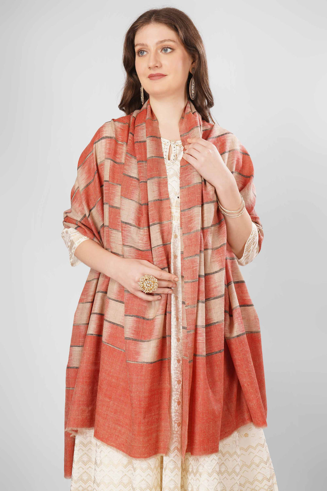 Pashmina Esra Woven Shawl | Handwoven Kashmiri Pashmina Wool with Vibrant Orange Geometric Design and Subtle Metallic Threads