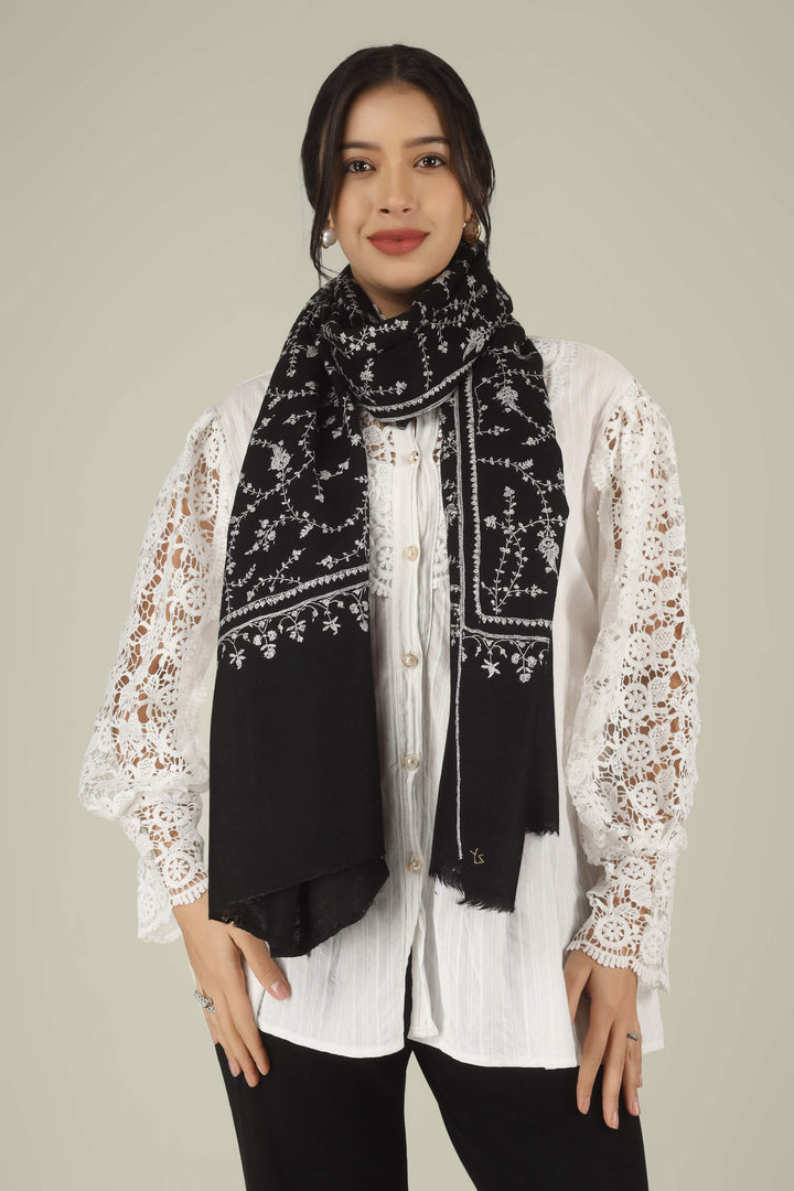 Hand-embroidered raven-black pure Pashmina stole featuring an all-over ivory Sozni Jaldaar floral vine pattern from Kepra.
    
      | pashmina shawls online | authentic Kashmiri pashmina shawl online | pure pashmina shawl online | original GI certified pashmina shawl online | luxury men's pashmina shawl online from Kashmir | where to buy online pure pashmina in India
    
    | GI Tag Certified - Government-verified authentic Kashmiri Pashmina
    | G20 Official Partner - Selected by India for G20 Summit gifting
    | Handicraft Registered - Official recognition of traditional craftsmanship
    | Certificate of Authenticity - Every purchase includes GI certification