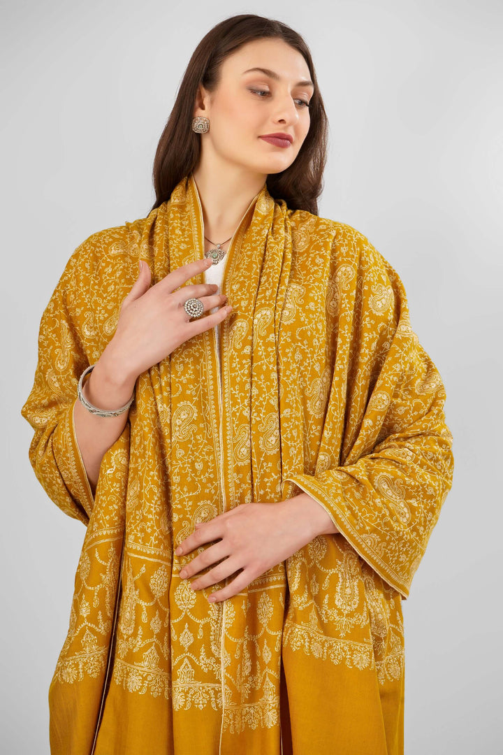 "Pashmina Mustard Jaldaar Sozni Shawl | Pure Kashmiri Pashmina Wrap | Intricate Hand-Embroidered Sozni Design | Luxury Wool Shawl | Soft, Warm, and Stylish Traditional Accessory"