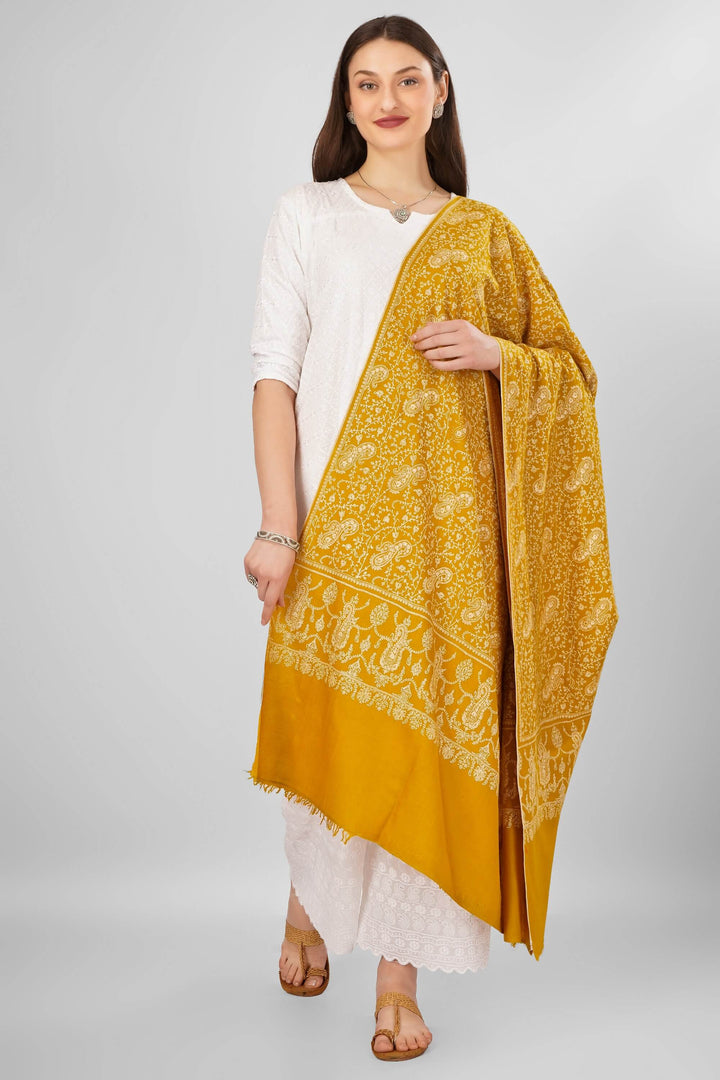 "Pashmina Mustard Jaldaar Sozni Shawl | Pure Kashmiri Pashmina Wrap | Intricate Hand-Embroidered Sozni Design | Luxury Wool Shawl | Soft, Warm, and Stylish Traditional Accessory"