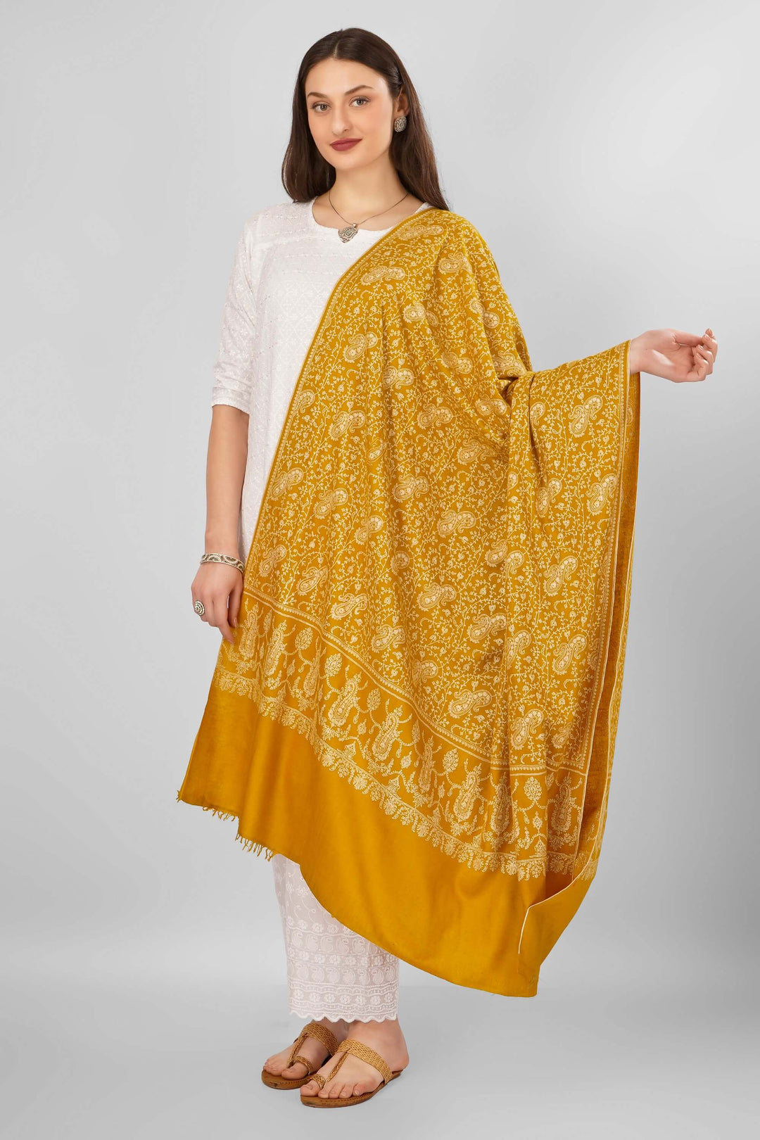 "Pashmina Mustard Jaldaar Sozni Shawl | Pure Kashmiri Pashmina Wrap | Intricate Hand-Embroidered Sozni Design | Luxury Wool Shawl | Soft, Warm, and Stylish Traditional Accessory"