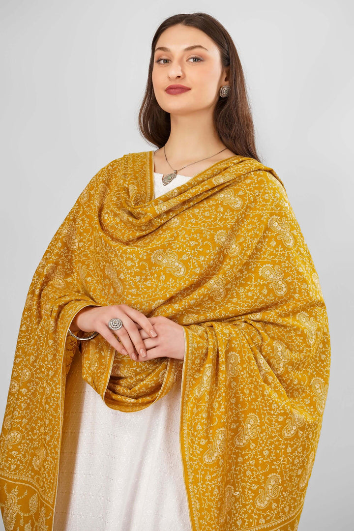 "Pashmina Mustard Jaldaar Sozni Shawl | Pure Kashmiri Pashmina Wrap | Intricate Hand-Embroidered Sozni Design | Luxury Wool Shawl | Soft, Warm, and Stylish Traditional Accessory"