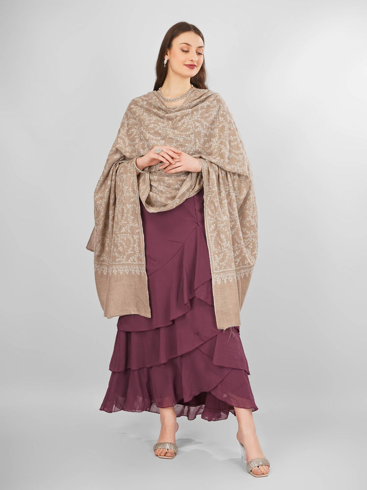 "Pashmina Natural Jasmine Sozni Shawl | Authentic Handwoven Kashmiri Pashmina Shawl | Luxury Floral Sozni Embroidery | Soft, Warm, Elegant Wrap for Timeless Elegance"