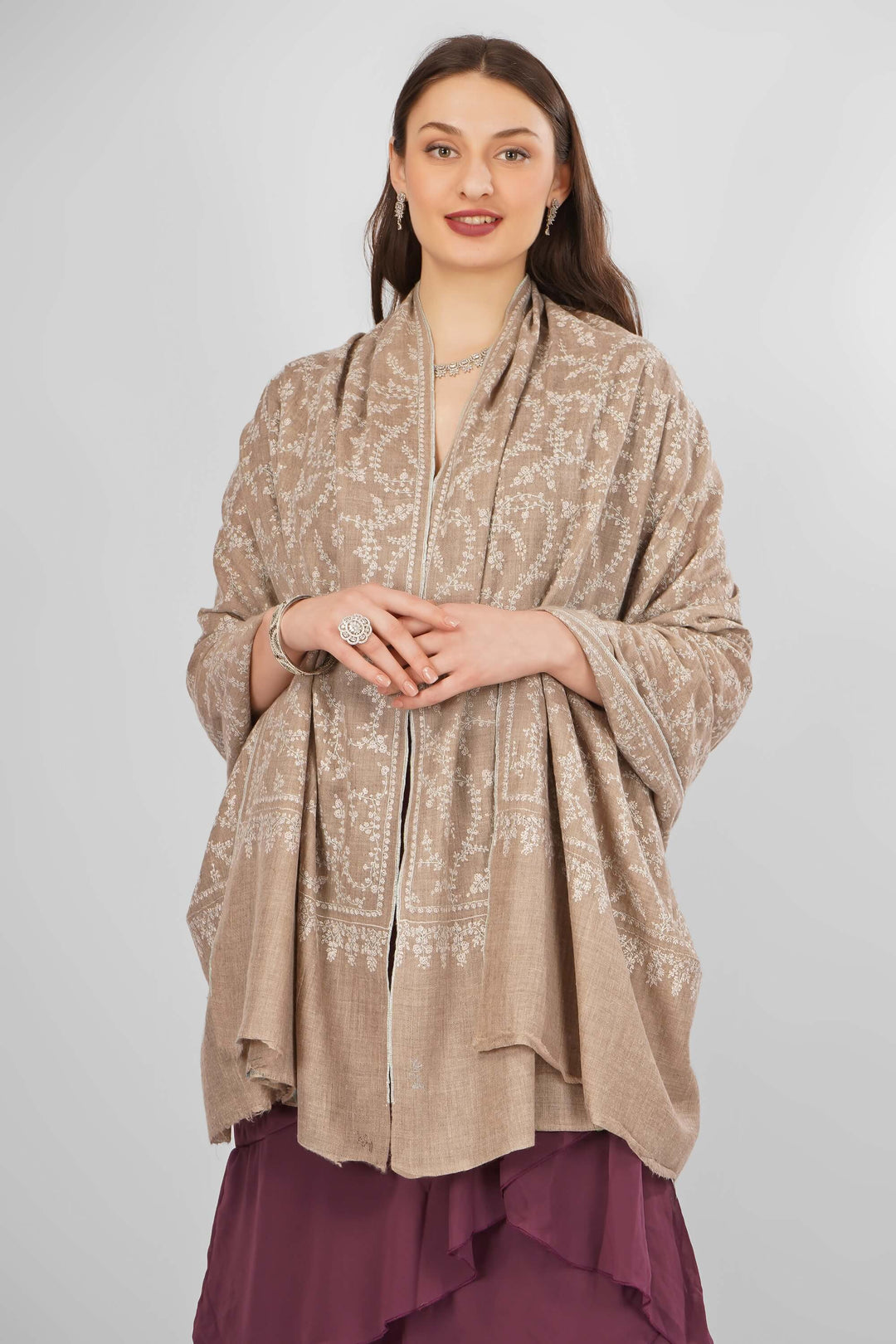 "Pashmina Natural Jasmine Sozni Shawl | Authentic Handwoven Kashmiri Pashmina Shawl | Luxury Floral Sozni Embroidery | Soft, Warm, Elegant Wrap for Timeless Elegance"