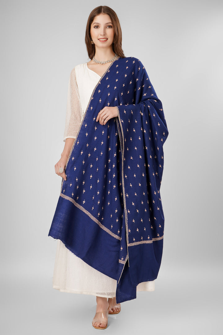 "Pashmina Bootidaar Shawl | Blue Bahaar Handwoven Kashmiri Pashmina Wrap | GI-Certified Wool Shawl with Intricate Needlework Bootis by Kepra"