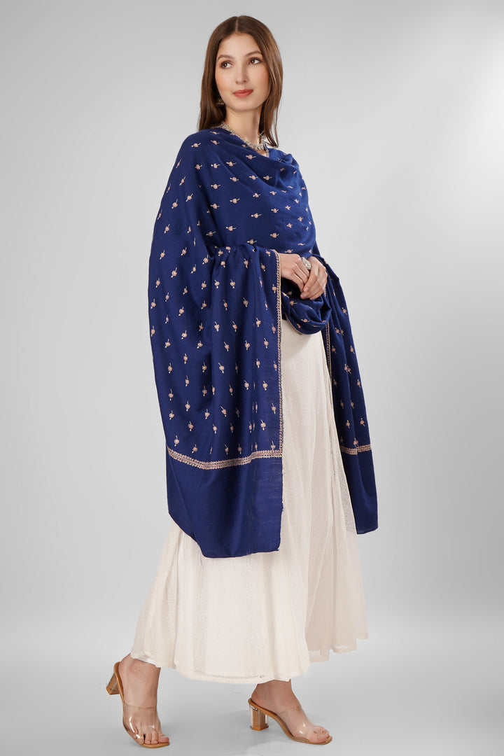 "Pashmina Bootidaar Shawl | Blue Bahaar Handwoven Kashmiri Pashmina Wrap | GI-Certified Wool Shawl with Intricate Needlework Bootis by Kepra"