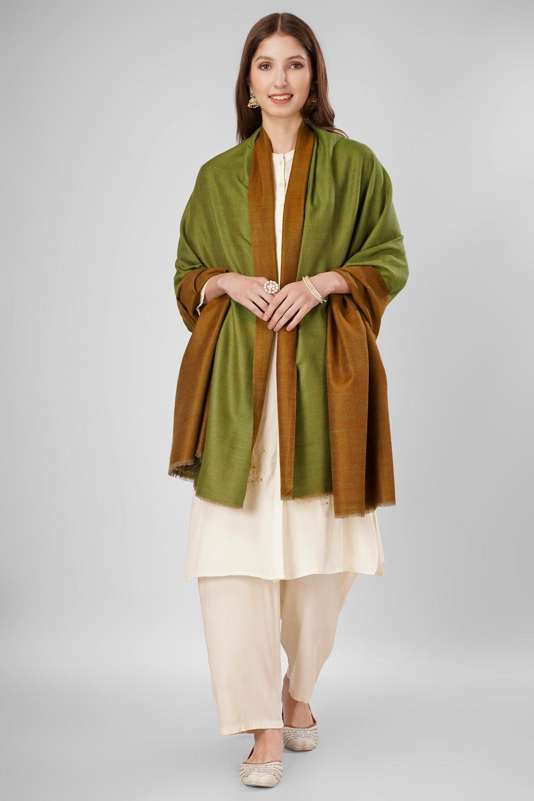 "Pashmina Reversible Shawl | Brown & Green Handwoven Kashmiri Pashmina by Kepra | Luxurious GI-Certified Wrap for Timeless Elegance"