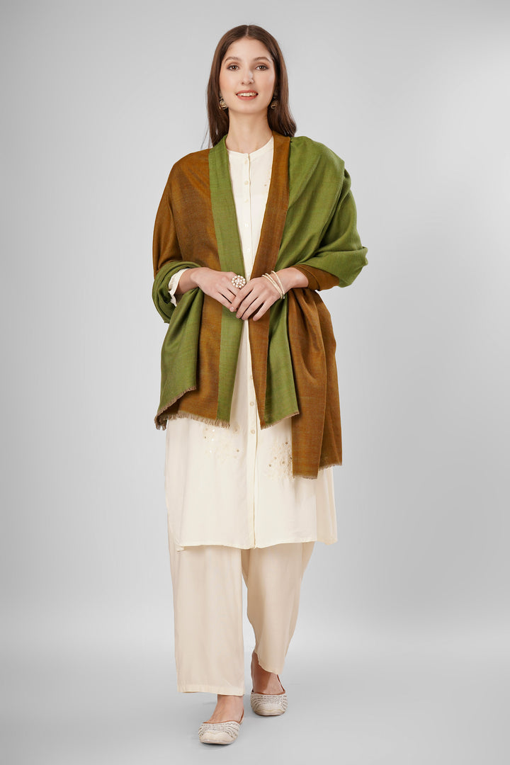 "Pashmina Reversible Shawl | Brown & Green Handwoven Kashmiri Pashmina by Kepra | Luxurious GI-Certified Wrap for Timeless Elegance"