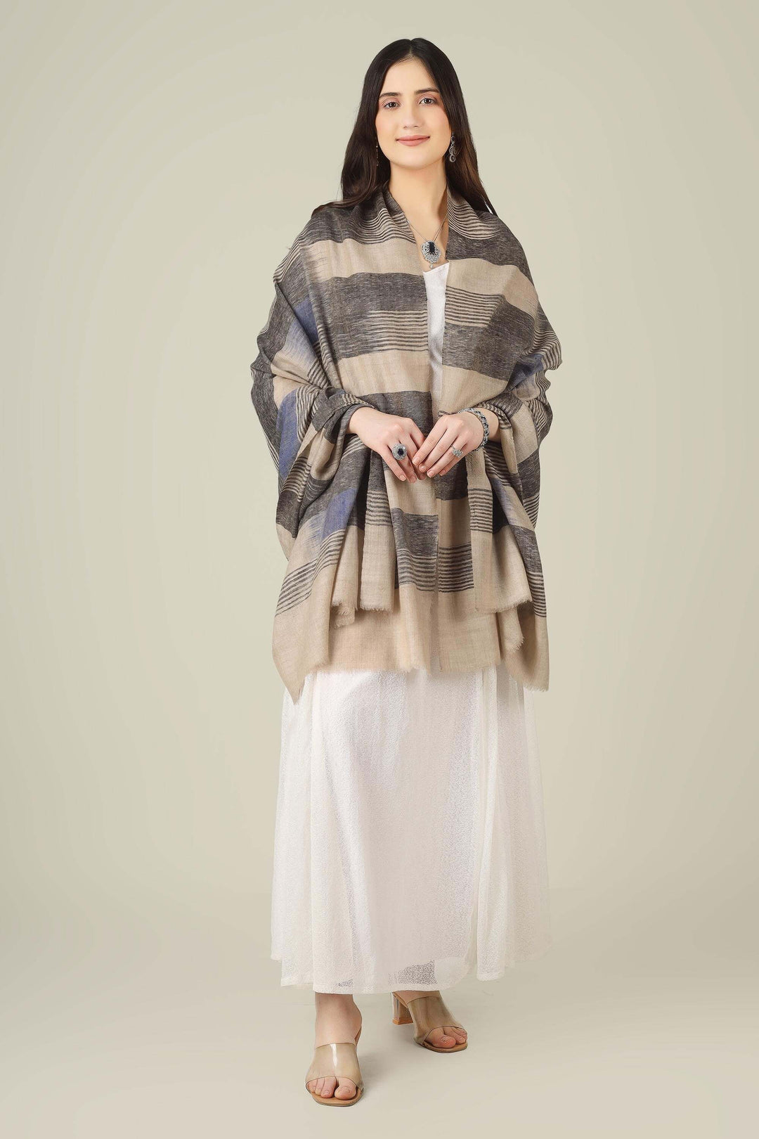 Gray Blue Anjum Ikat Pure Pashmina Shawl