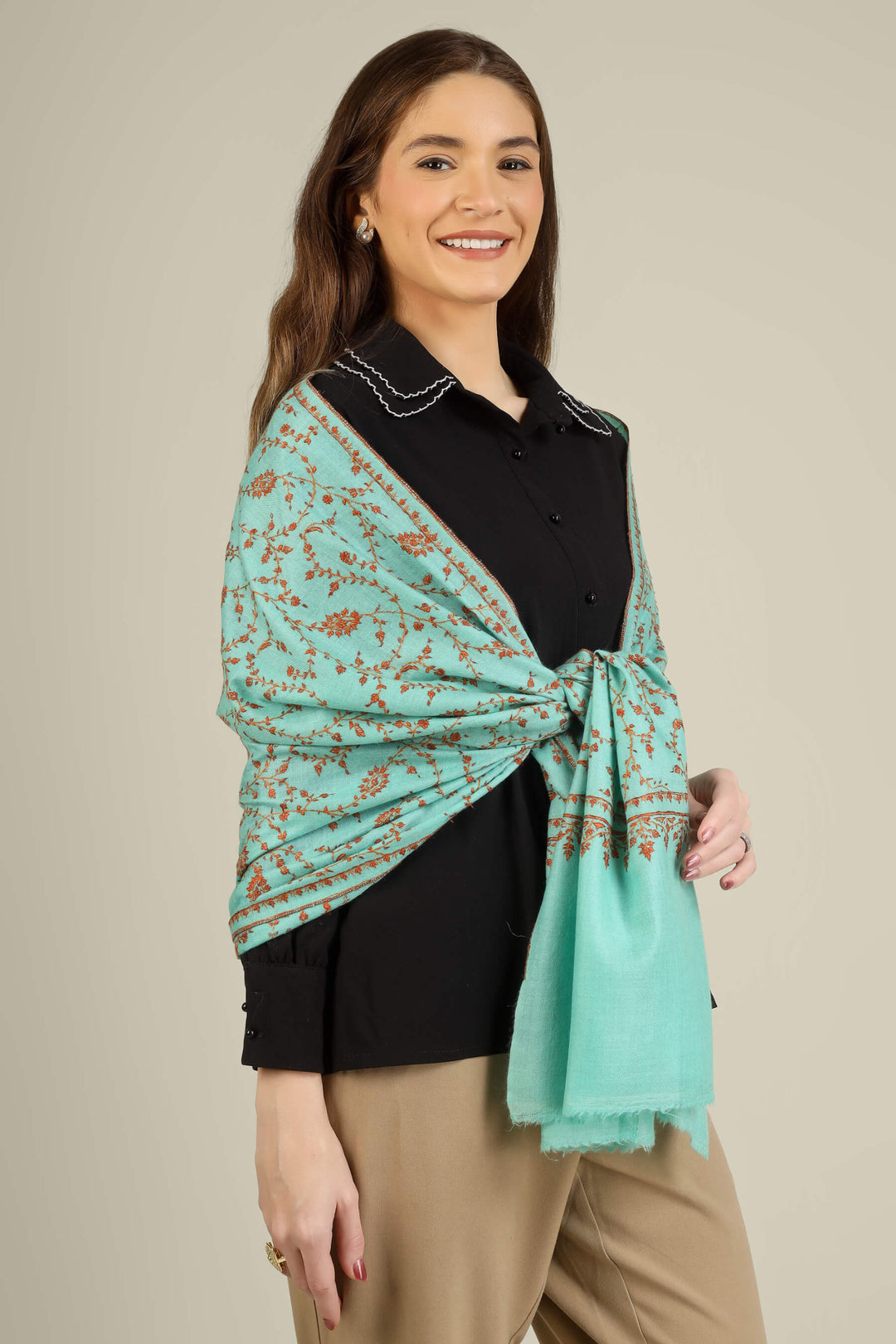 this GI pashmina green needle work stole brings the soul of Kashmiri craftsmanship to cities from New York and Los Angeles to Chicago, Houston, and Toronto